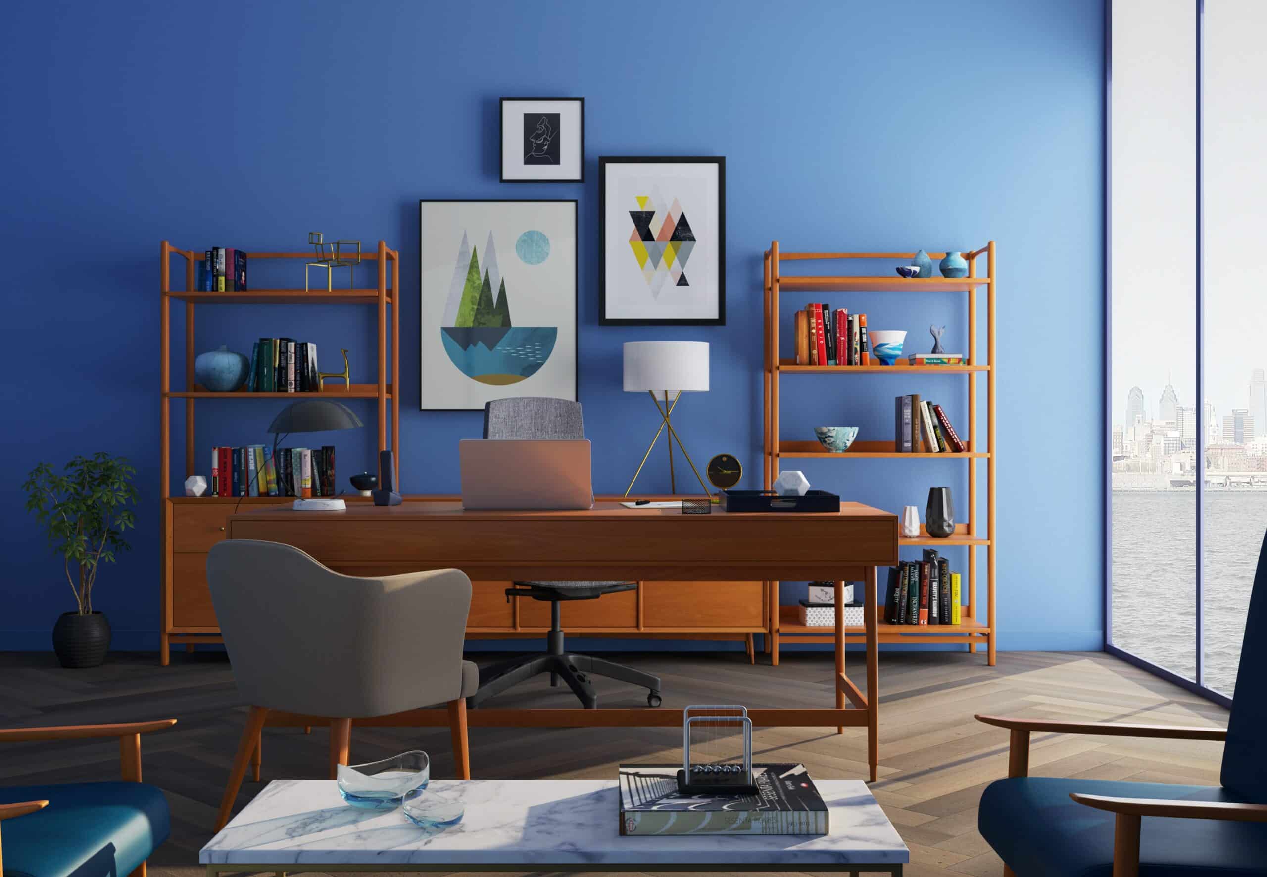 brown-wooden-desk-with-rolling-chair-and-shelves-near-window-667838