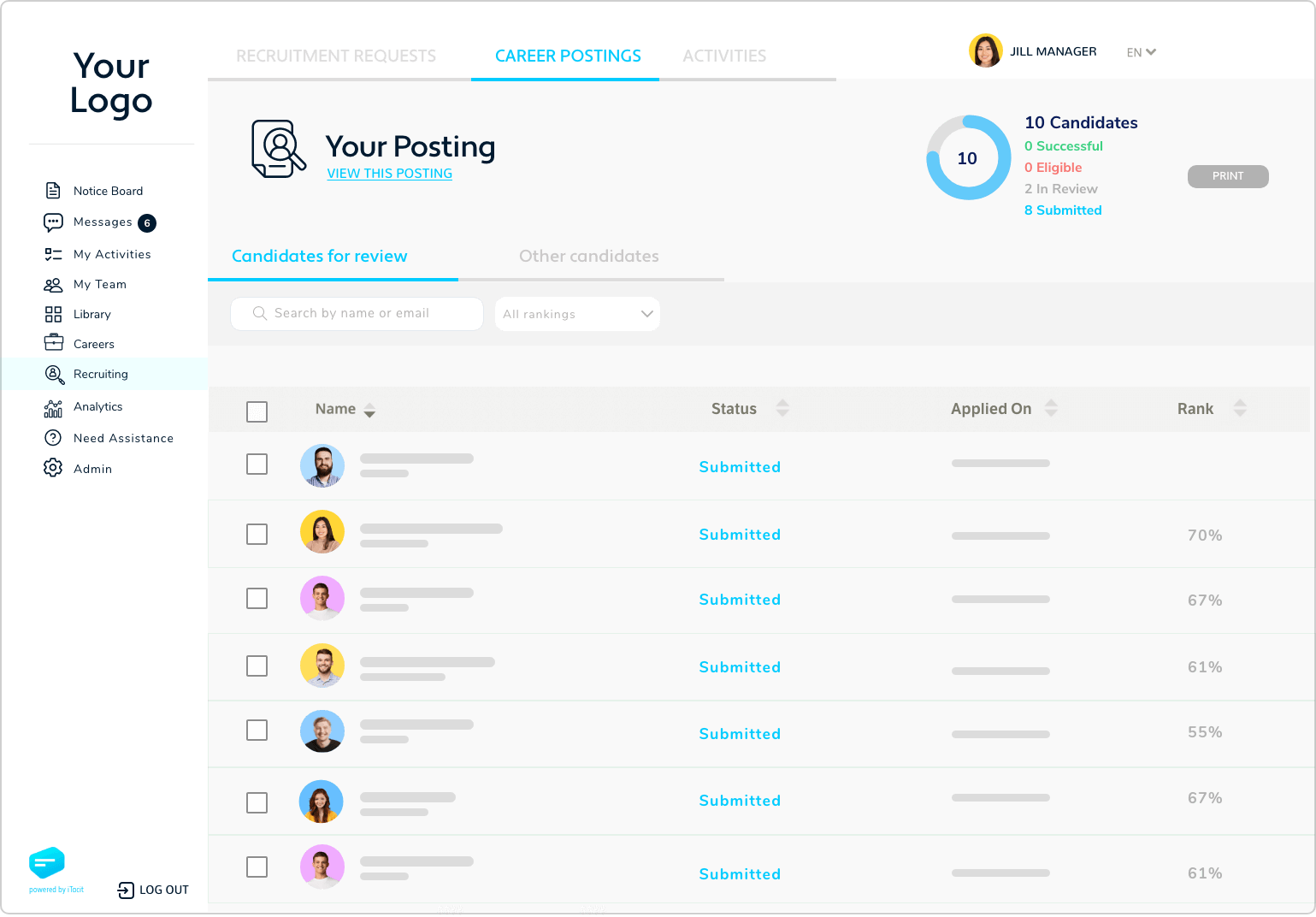 Dashboard showing Career Postings in Applicant Tracking System - iTacit