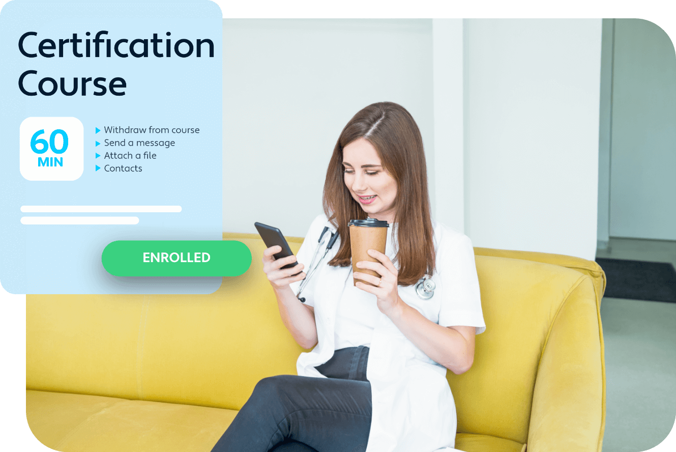 Doctor Sitting on Couch Checking App for Online Training Courses - iTacit