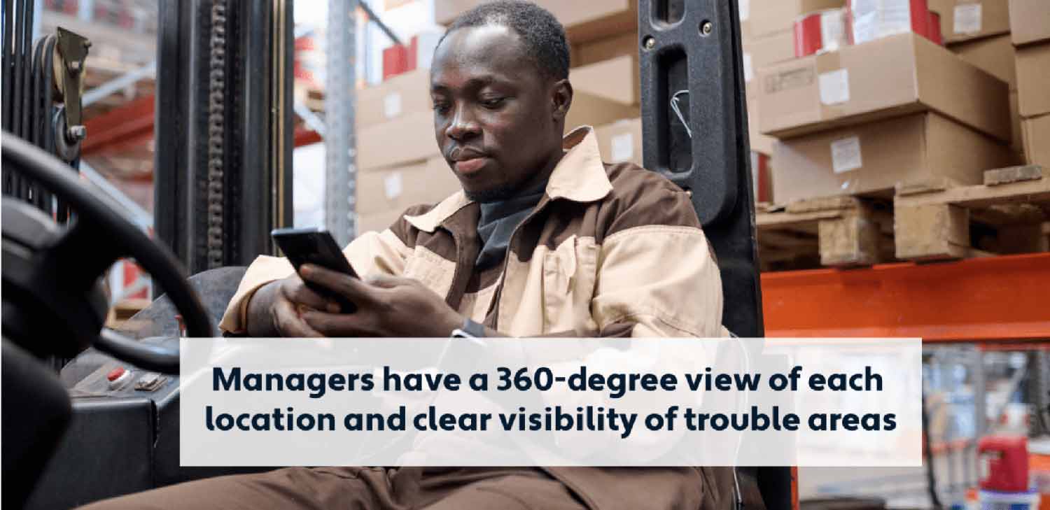 manager checking team progress while sitting on a fork lift