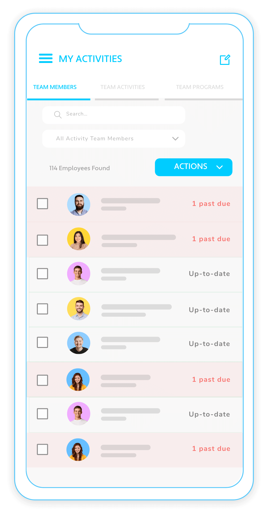 iTacit mobile first screenshoot of My Team Activities view for managing a mobile workforce