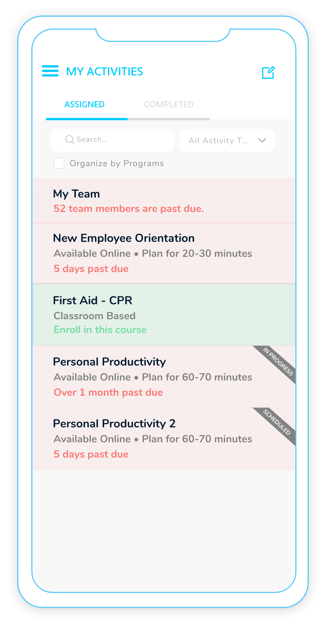 iTacit mobile first screenshoot of My Activities view for workforce management