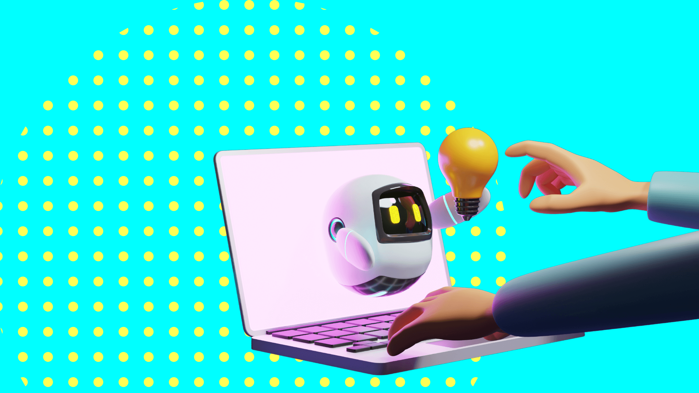 Hand reaching for AI generated content popping out of laptop