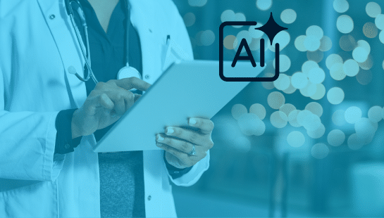 background photo of a doctor using a tablet with an superimposed AI icon