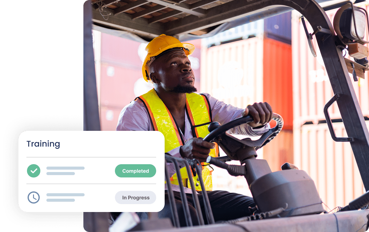 a forklift driver with an iTacit UI mockup for training
